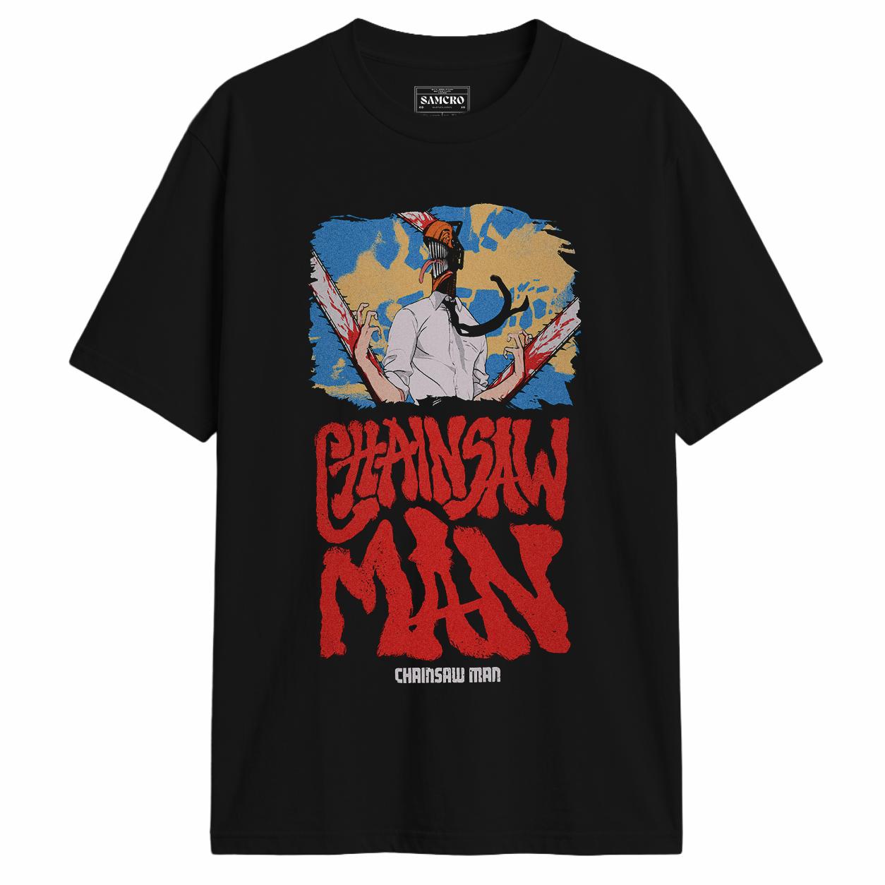Chainsaw Man - Man Denji Chainsaw con Splatter Azul Amarillo y Rojo en Bloque