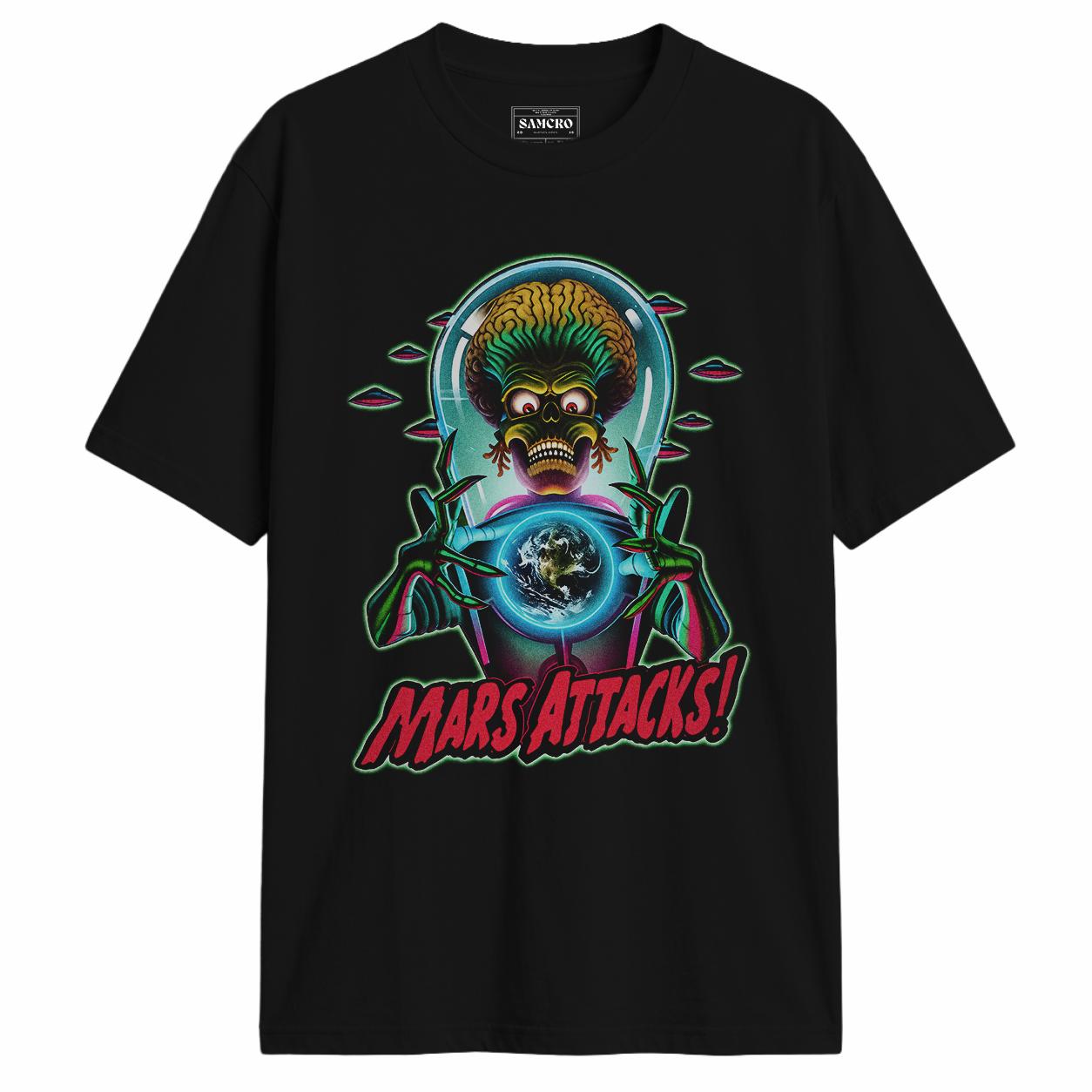 Mars Attacks - Alien Holding Earth Neon en color Negro — vista frontal
