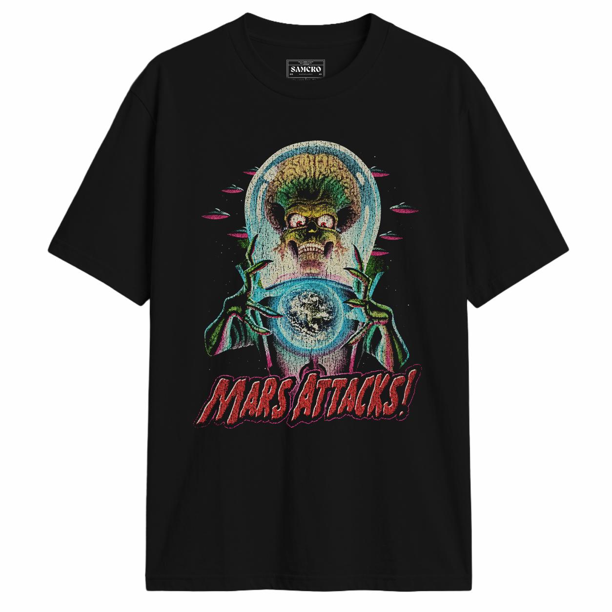 Mars Attacks - Alien Holding Earth Vintage en color Negro — vista frontal