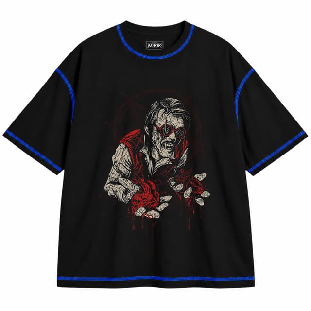 976-EVIL — Unisex oversize, Negro con costura azul