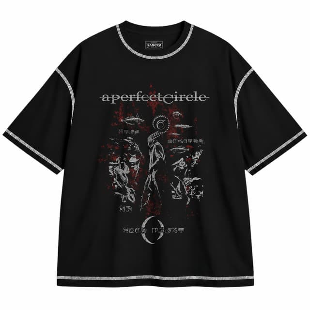 A Perfect Circle - Figura Encapuchada Manchas Rojas — Unisex oversize, Negro con costura blanca