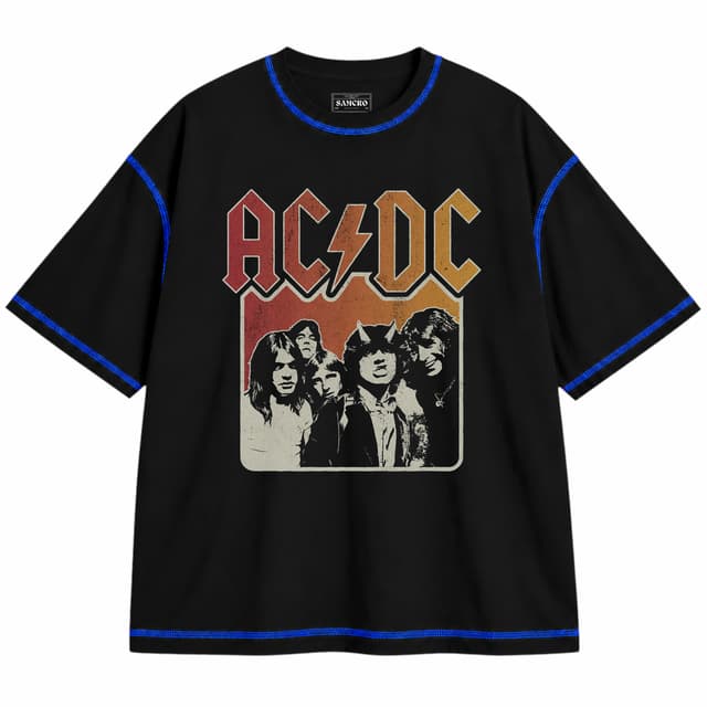 AC/DC 14 — Unisex oversize, Negro con costura azul