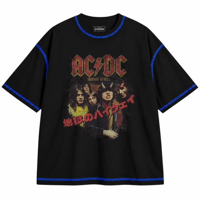 AC/DC 32 — Unisex oversize, Negro con costura azul