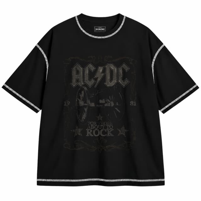 AC/DC 34 — Unisex oversize, Negro con costura blanca