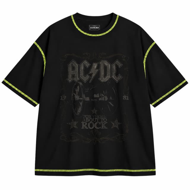 AC/DC 34 — Unisex oversize, Negro con costura verde