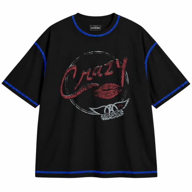 Aerosmith 2 — Unisex oversize, Negro con costura azul