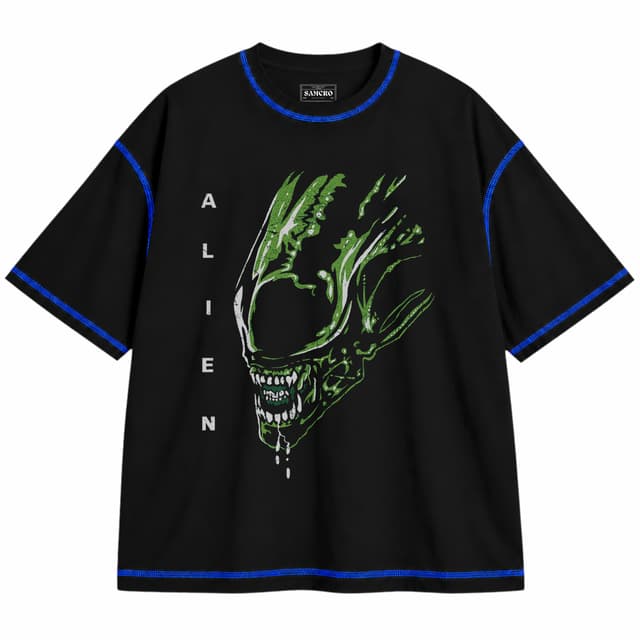 Alien 1 — Unisex oversize, Negro con costura azul