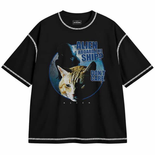 Alien 10 — Unisex oversize, Negro con costura blanca