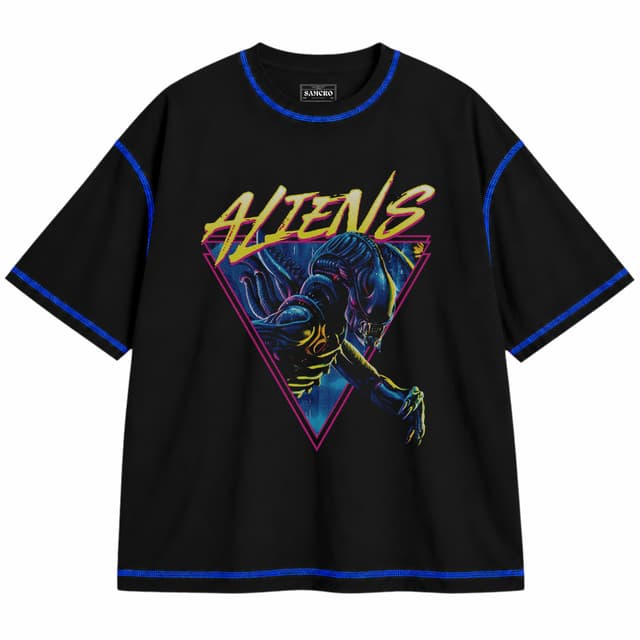 Alien 15 — Unisex oversize, Negro con costura azul