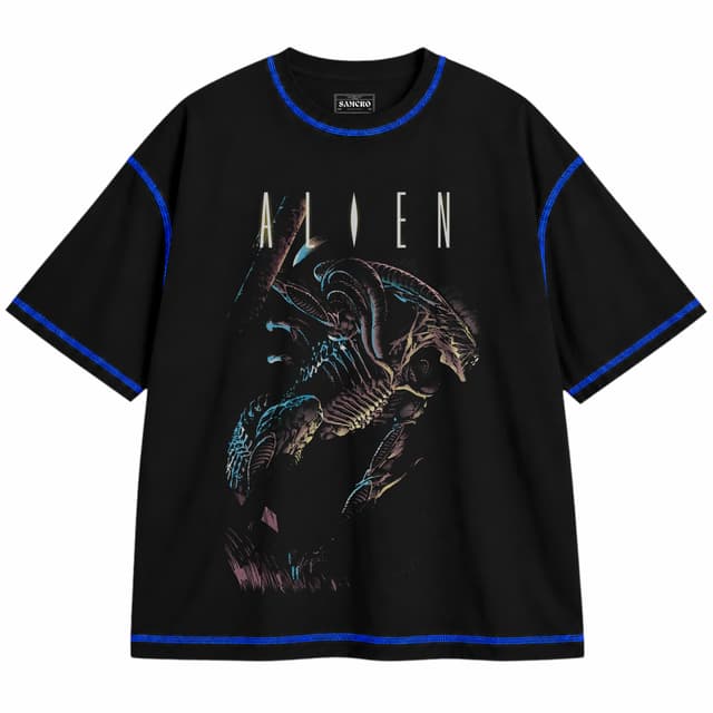Alien 6 — Unisex oversize, Negro con costura azul
