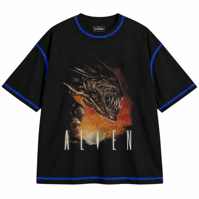 Alien 8 — Unisex oversize, Negro con costura azul