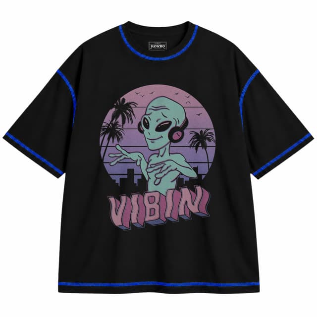 Alien Vibin — Unisex oversize, Negro con costura azul