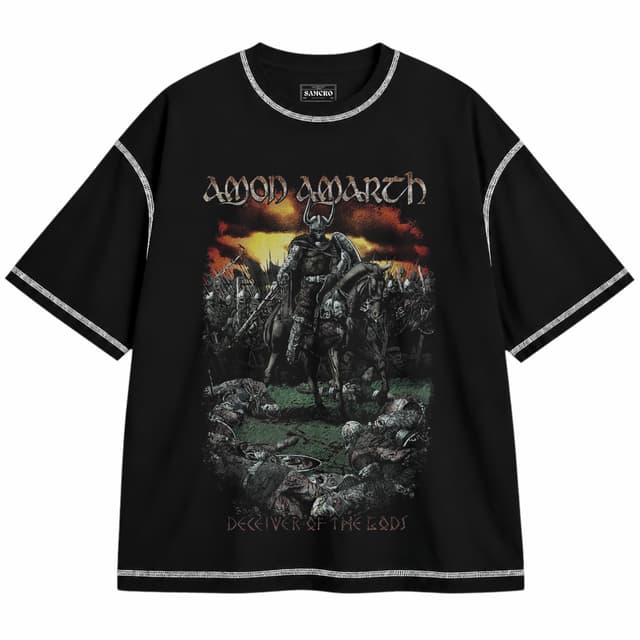 Amon Amarth 5 — Unisex oversize, Negro con costura blanca