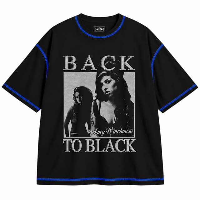 Amy Winehouse - Back to Black Dos Fotos — Unisex oversize, Negro con costura azul