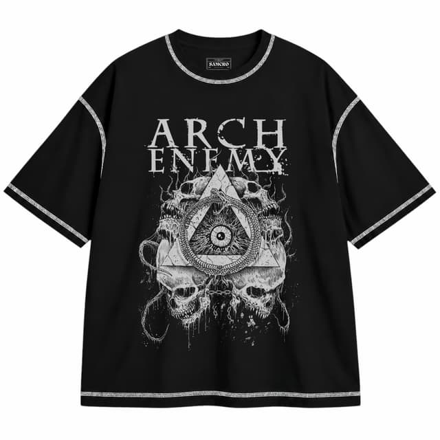 Arch Enemy 1 — Unisex oversize, Negro con costura blanca