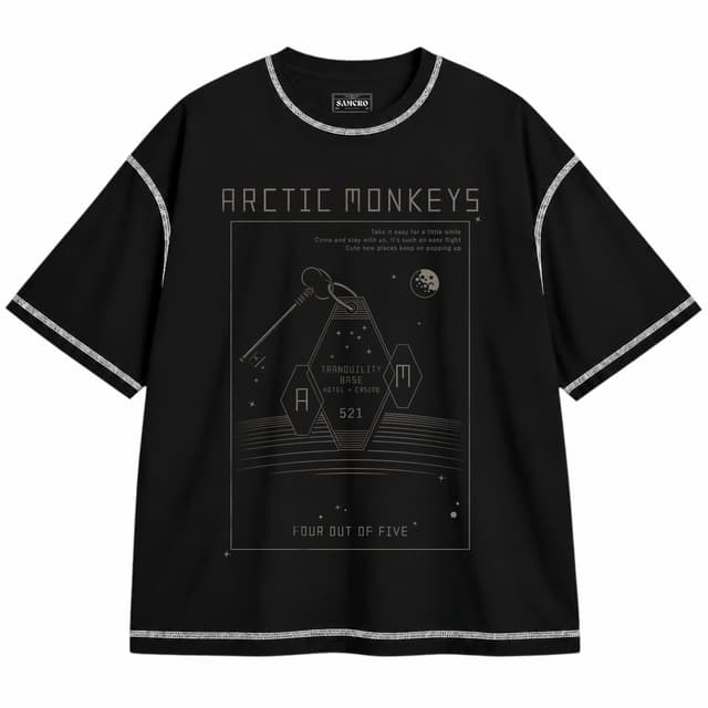 Arctic Monkeys 15 — Unisex oversize, Negro con costura blanca
