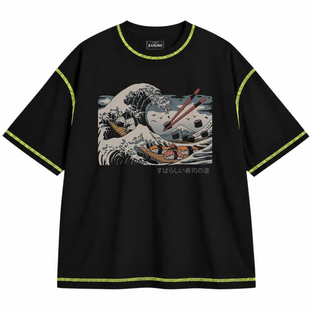 Arte japonés 20 — Unisex oversize, Negro con costura verde