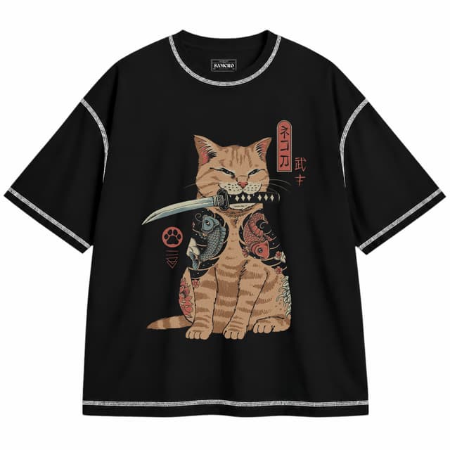 Arte japonés 7 — Unisex oversize, Negro con costura blanca