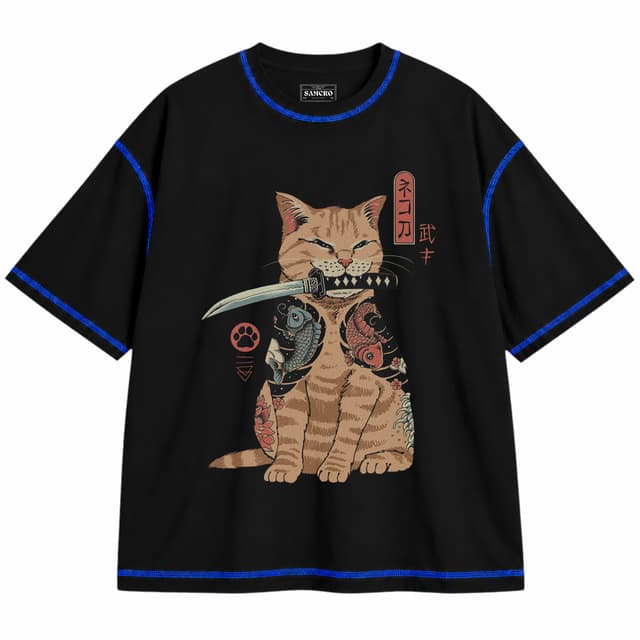 Arte japonés 7 — Unisex oversize, Negro con costura azul