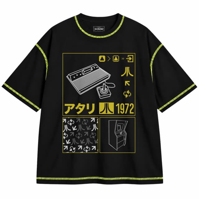 Atari 22 — Unisex oversize, Negro con costura verde