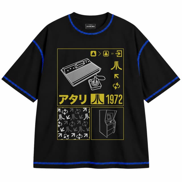 Atari 22 — Unisex oversize, Negro con costura azul
