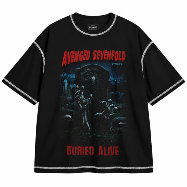 Avenged Sevenfold - Buried Alive Tour 2012 — Unisex oversize, Negro con costura blanca
