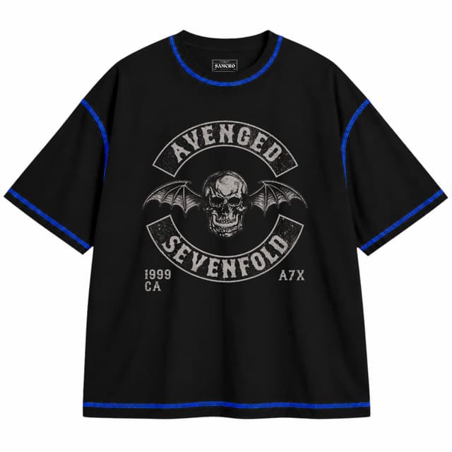 Avenged Sevenfold - Moto Seal — Unisex oversize, Negro con costura azul