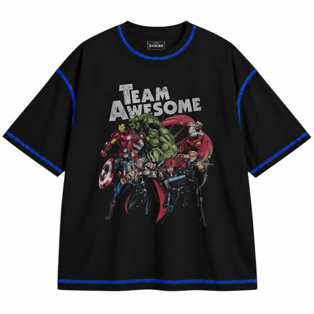 Avengers 17 — Unisex oversize, Negro con costura azul