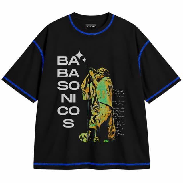 Babasonicos 1 — Unisex oversize, Negro con costura azul