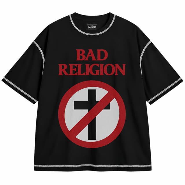 Bad Religion 1 — Unisex oversize, Negro con costura blanca