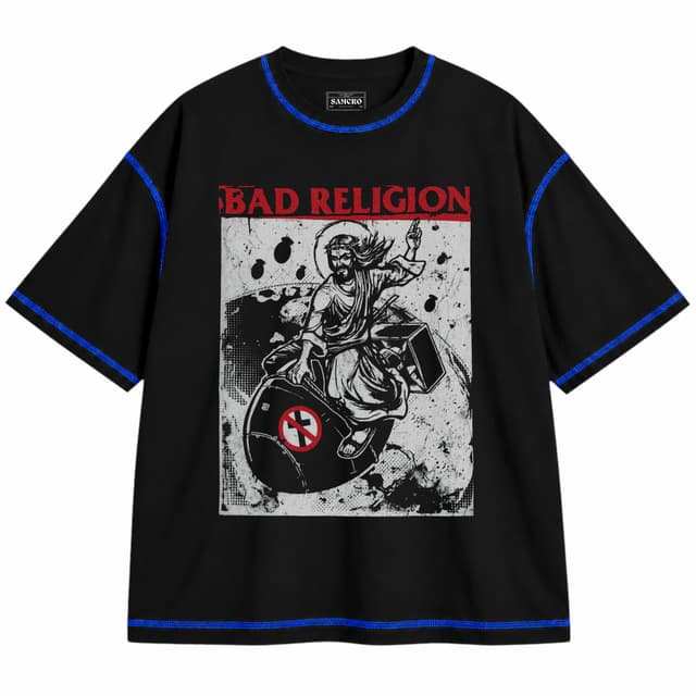 Bad Religion 2 — Unisex oversize, Negro con costura azul