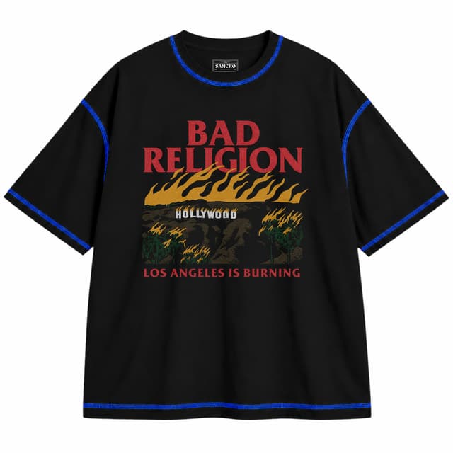 Bad Religion - Burning — Unisex oversize, Negro con costura azul