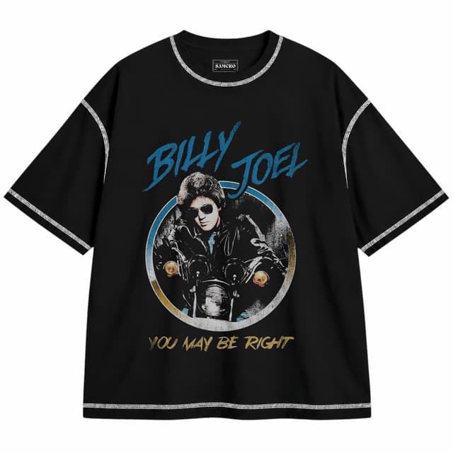 Billy Joel 1 — Unisex oversize, Negro con costura blanca