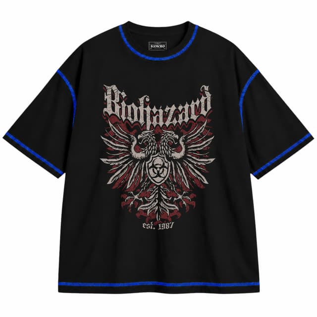 Biohazard - Crest — Unisex oversize, Negro con costura azul
