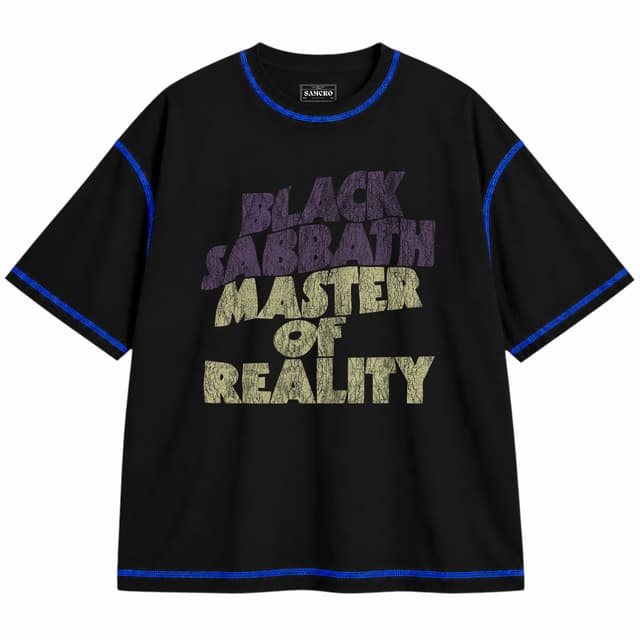 Black Sabbath 18 — Unisex oversize, Negro con costura azul
