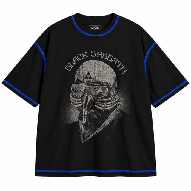 Black Sabbath 6 — Unisex oversize, Negro con costura azul