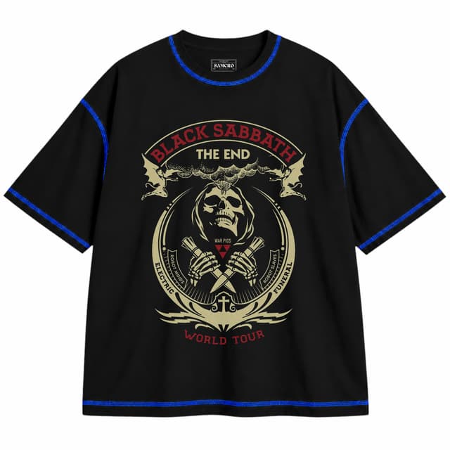 Black Sabbath 8 — Unisex oversize, Negro con costura azul