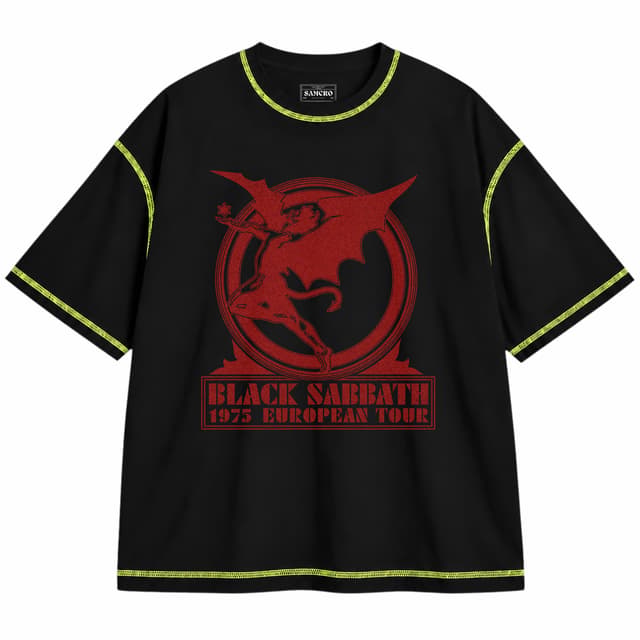 Black Sabbath - Europe 75 — Unisex oversize, Negro con costura verde