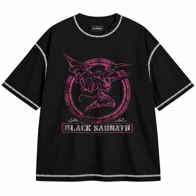 Black Sabbath - Neon Pink Henry — Unisex oversize, Negro con costura blanca