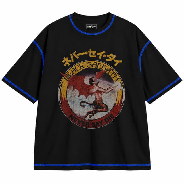 Black Sabbath - Reversed Logo — Unisex oversize, Negro con costura azul