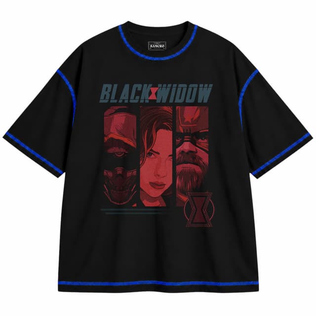 Black Widow 10 — Unisex oversize, Negro con costura azul
