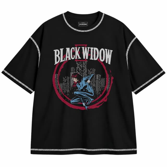 Black Widow 28 — Unisex oversize, Negro con costura blanca