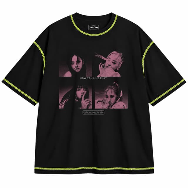 Blackpink - How You Like That — Unisex oversize, Negro con costura verde