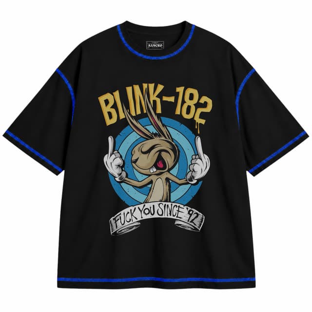 Blink-182 4 — Unisex oversize, Negro con costura azul