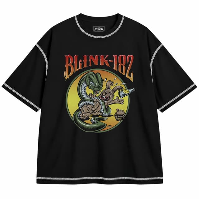 Blink-182 6 — Unisex oversize, Negro con costura blanca