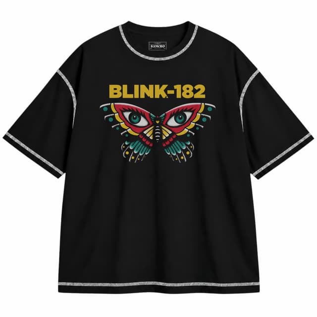 Blink-182 - Butterfly — Unisex oversize, Negro con costura blanca