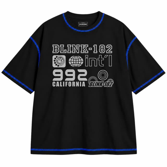 Blink-182 - International — Unisex oversize, Negro con costura azul