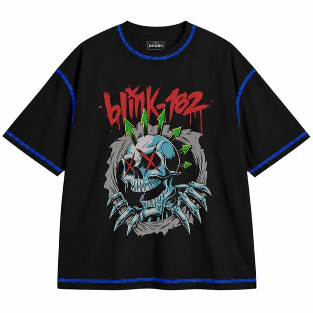 Blink-182 - Six Arrow Skull — Unisex oversize, Negro con costura azul