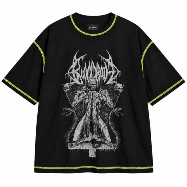 Bloodbath - I Serve Only the Beast — Unisex oversize, Negro con costura verde