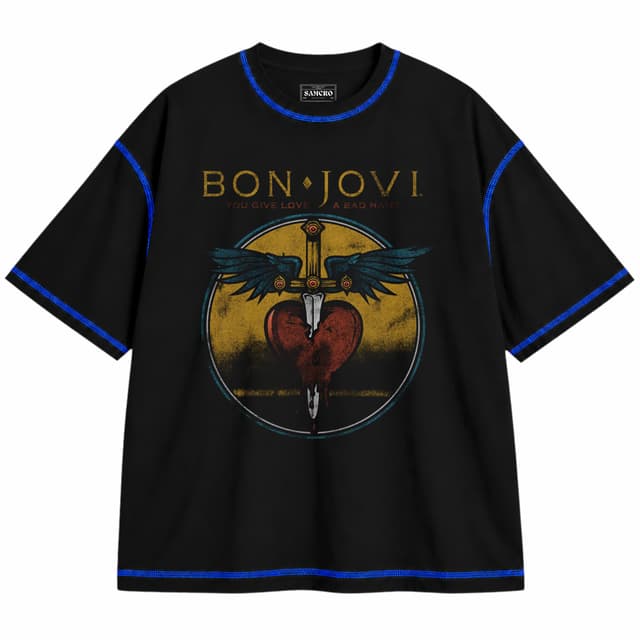 Bon Jovi - Bad Name 3 — Unisex oversize, Negro con costura azul
